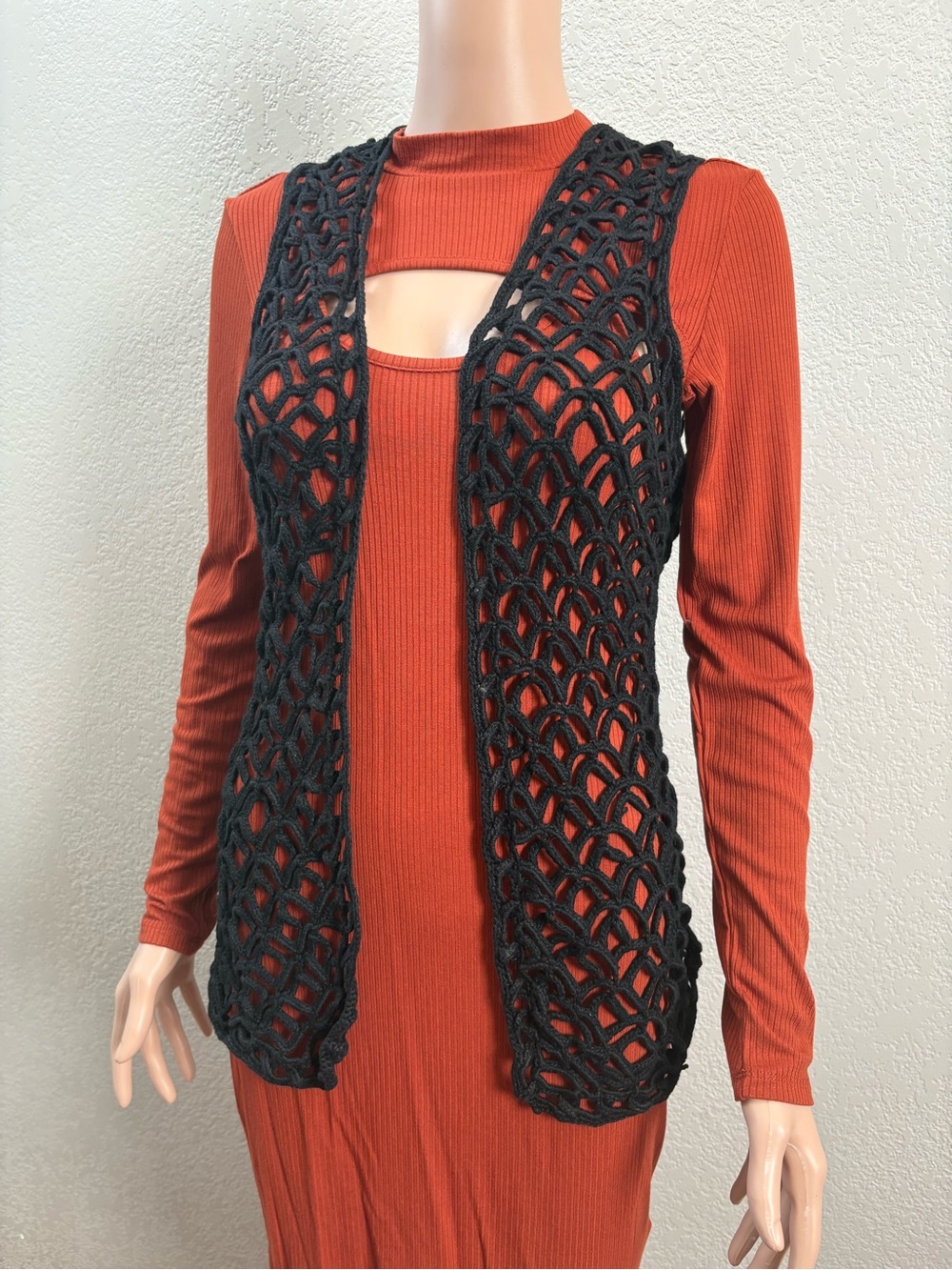 Openwork Crochet Vest - Black Ramie & Cotton